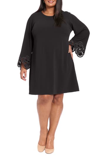 London Times Plus Size Lasercut Long Sleeve Swing Dress In Black