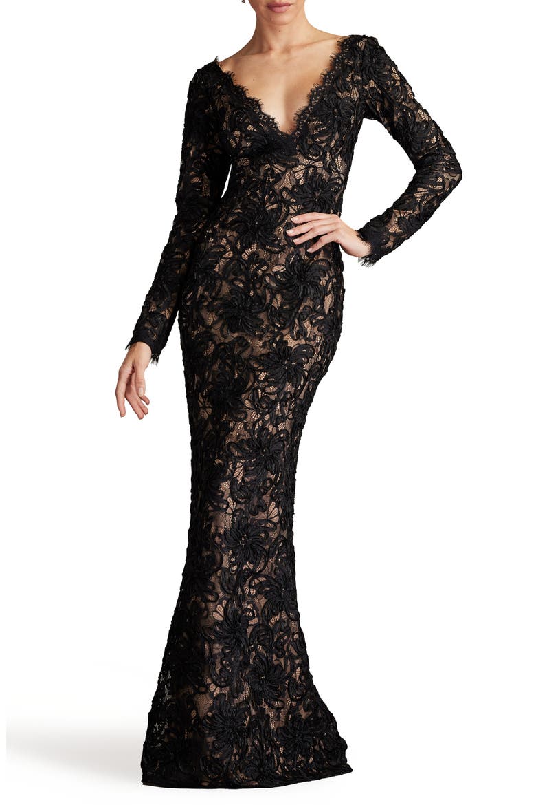 Lace Plunge Neck Long Sleeve Gown, Main, color, BLACK/ NUDE