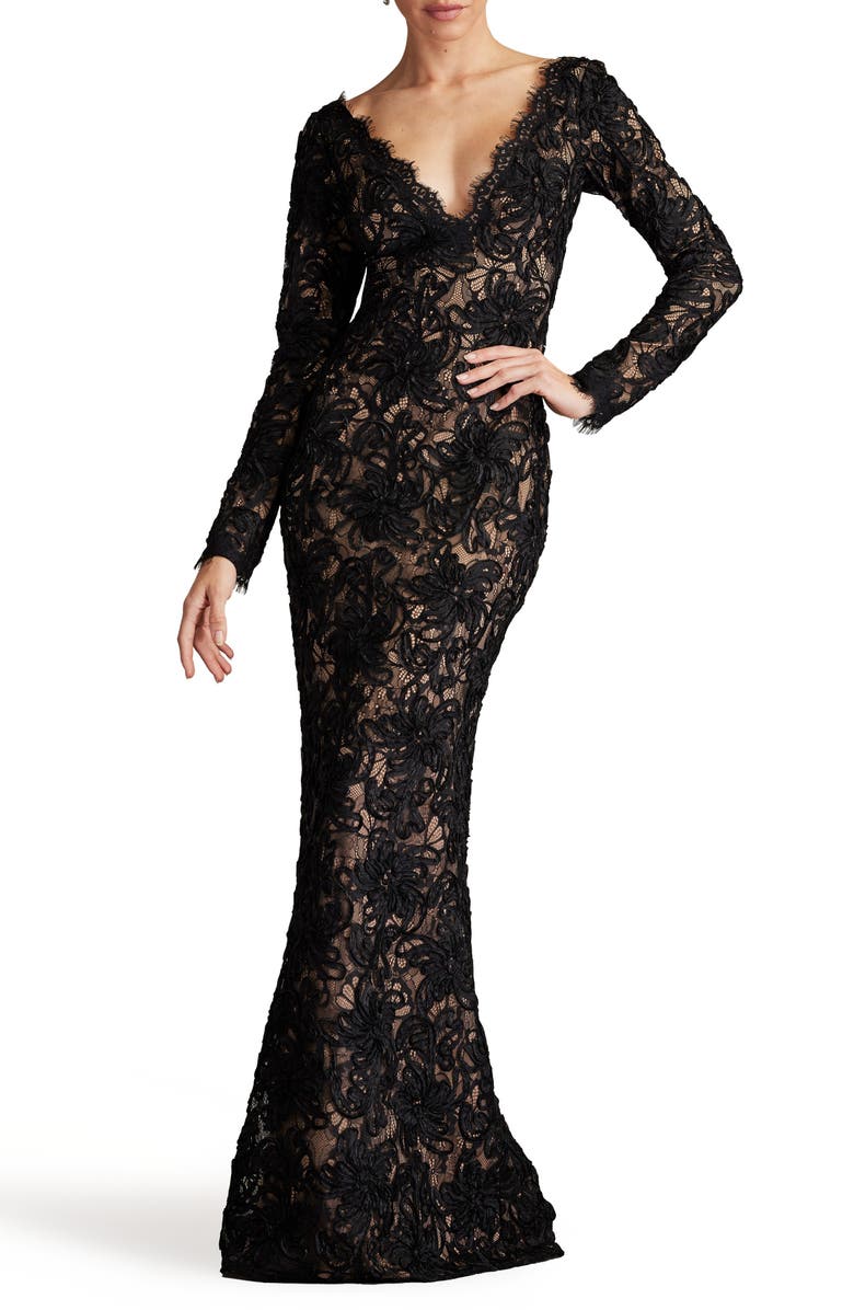 SHO by Tadashi Shoji Lace Plunge Neck Long Sleeve Gown, Main, color, Black/ Nude