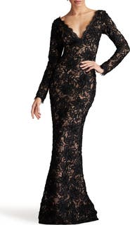 SHO by Tadashi Shoji Lace Plunge Neck Long Sleeve Gown
