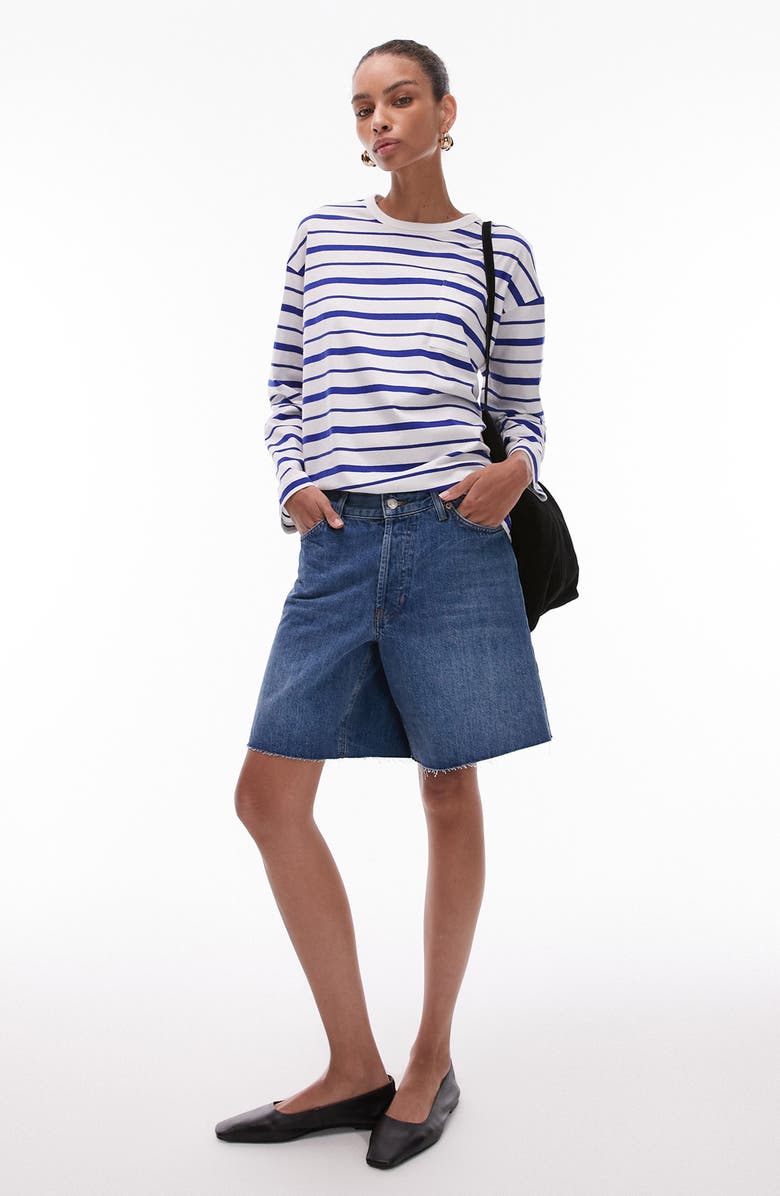 Topshop Loose Fit Raw Hem Cutoff Denim Shorts, Main, color, Medium Blue