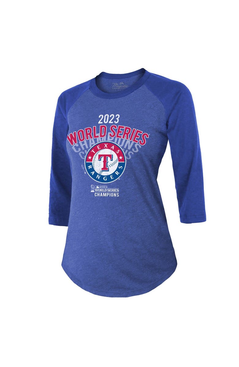 Majestic Threads Women's Majestic Threads Royal Texas Rangers 2023 World Series Champions Out of this World Raglan 3/4-Sleeve Tri-Blend T-Shirt, Alternate, color, 