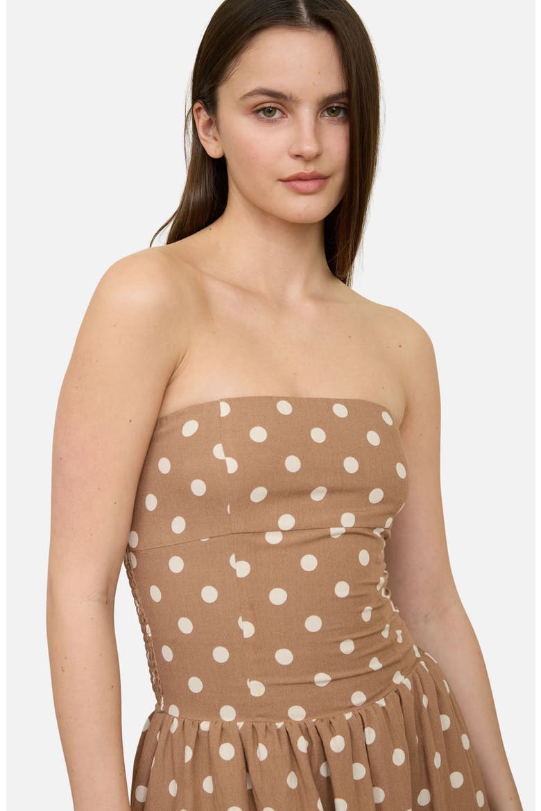 Polka Dot Strapless Midi Dress, Alternate, color, BROWN