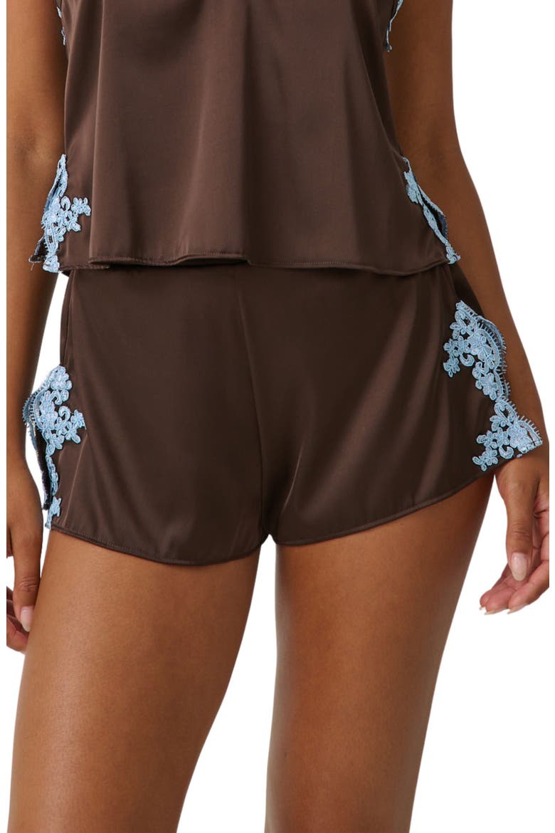 Cinderella Lace Trim Satin Tap Shorts, Main, color, ESPRESSO