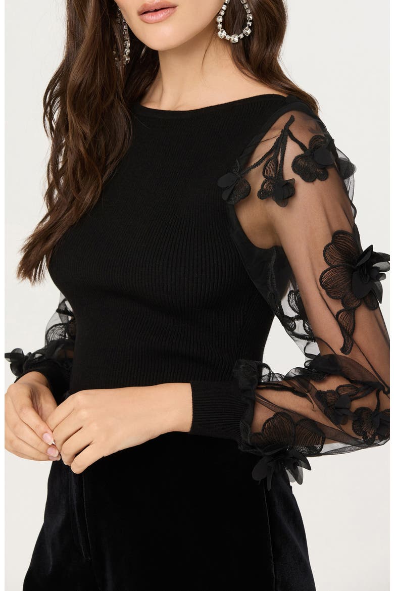 Meagan Floral Appliqué Sheer Sweater, Alternate, color, BLACK
