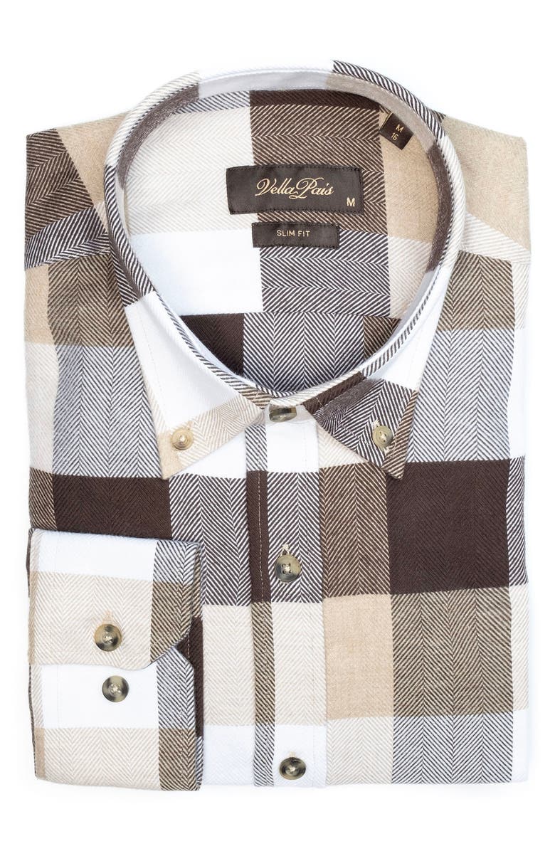 VELLAPAIS Plaid Brushed Cotton Slim Fit Button Down Shirt, Alternate, color, 