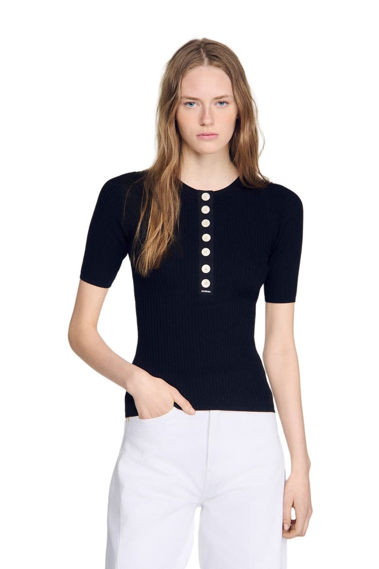 Sweater with ribbed button placket, Alternate, color, Black