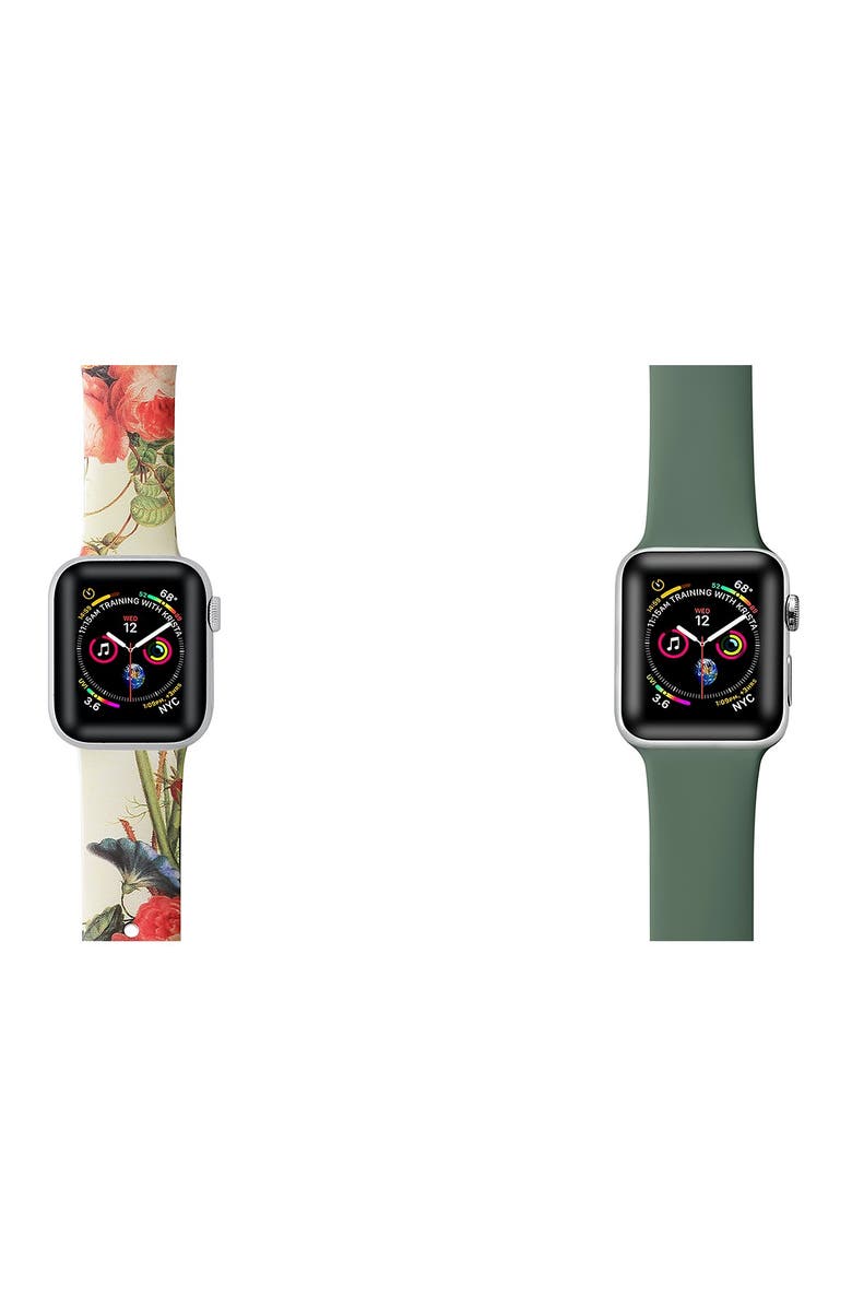 The Posh Tech Assorted 2-Pack Floral & Silicone Apple Watch<sup>®</sup> Watchbands, Alternate, color, Yellow Floral & Green Silicone