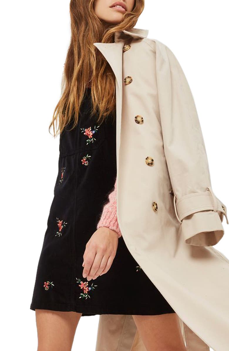 Topshop Embroidered Velvet Pinafore Dress, Alternate, color,