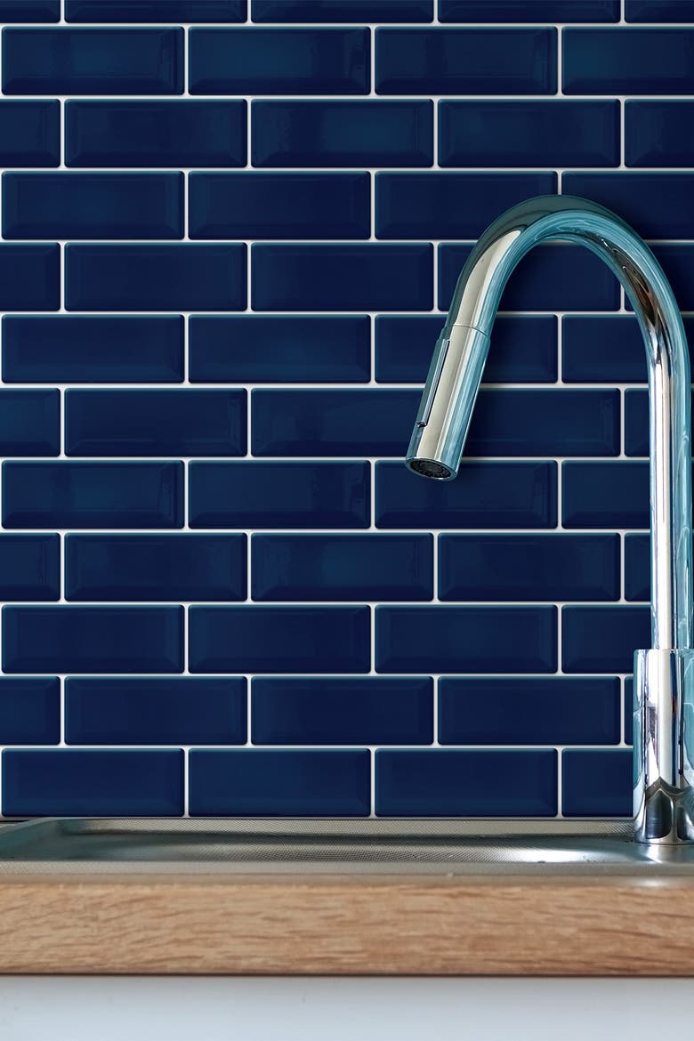 Deep Blue Glossy 3D Metro Sticker Tiles Contemporary Wall Splashbacks Mosaics, Alternate, color, BLUE