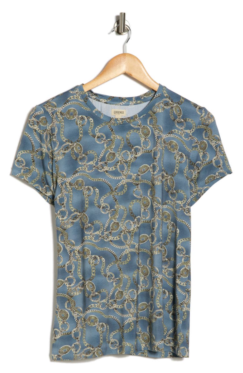 L'AGENCE Ressi Chain Print Short Sleeve Top, Main, color, Silver Blue/ Slv Good Luck Chn