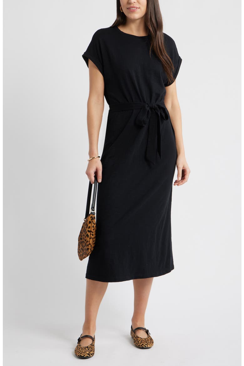 Tie Waist Midi Dress, Main, color, BLACK