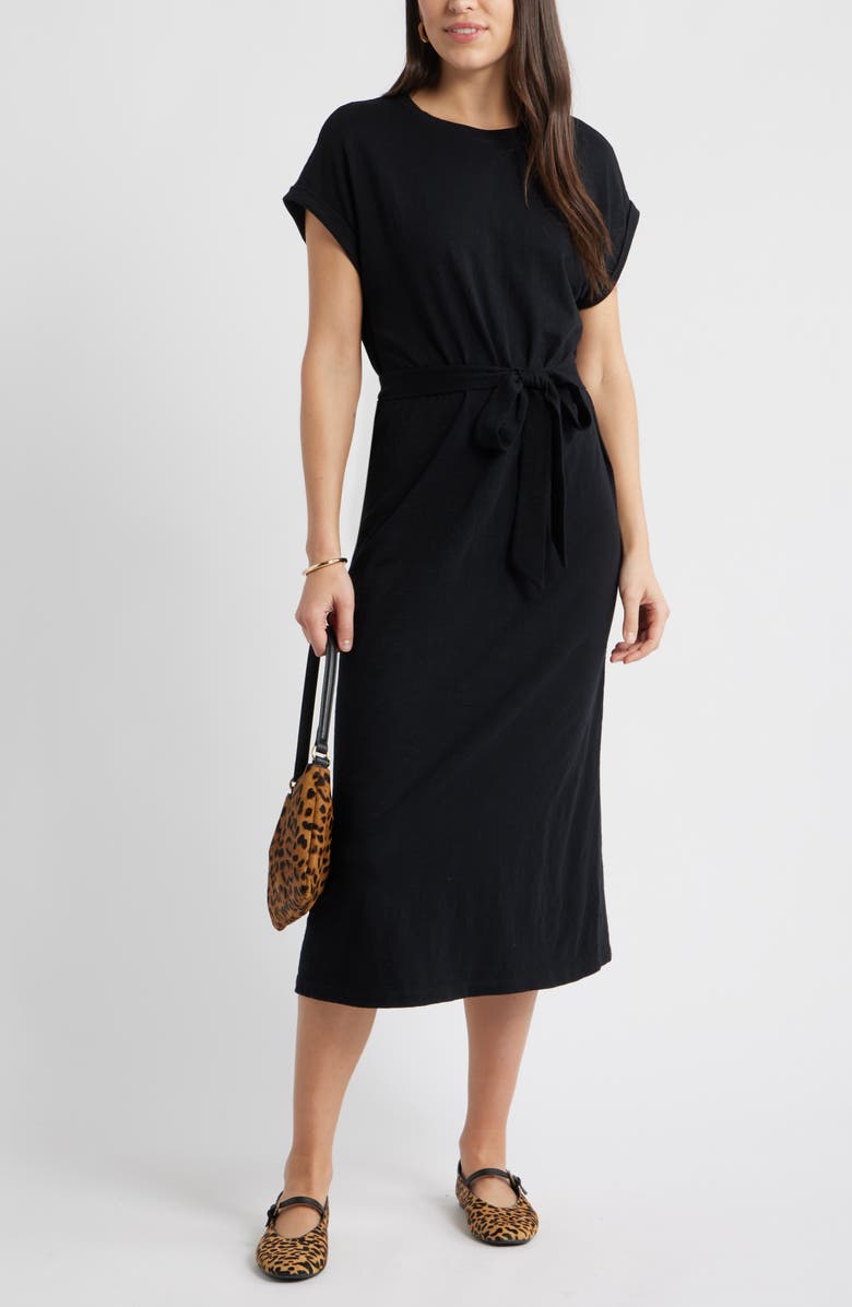 Caslon<sup>®</sup> Tie Waist Midi Dress, Main, color, Black