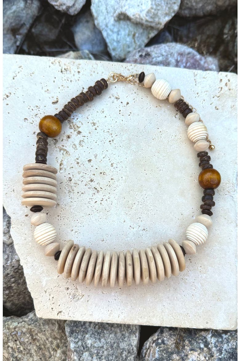 Mixed Wooden Bead Necklace, Alternate, color, BROWN/ WHITE