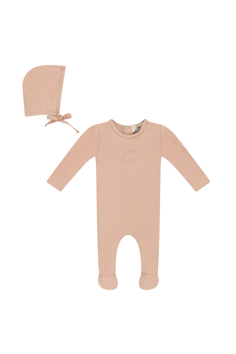 Cherry Print Romper and Bonnet Set, Main, color, Light Maple