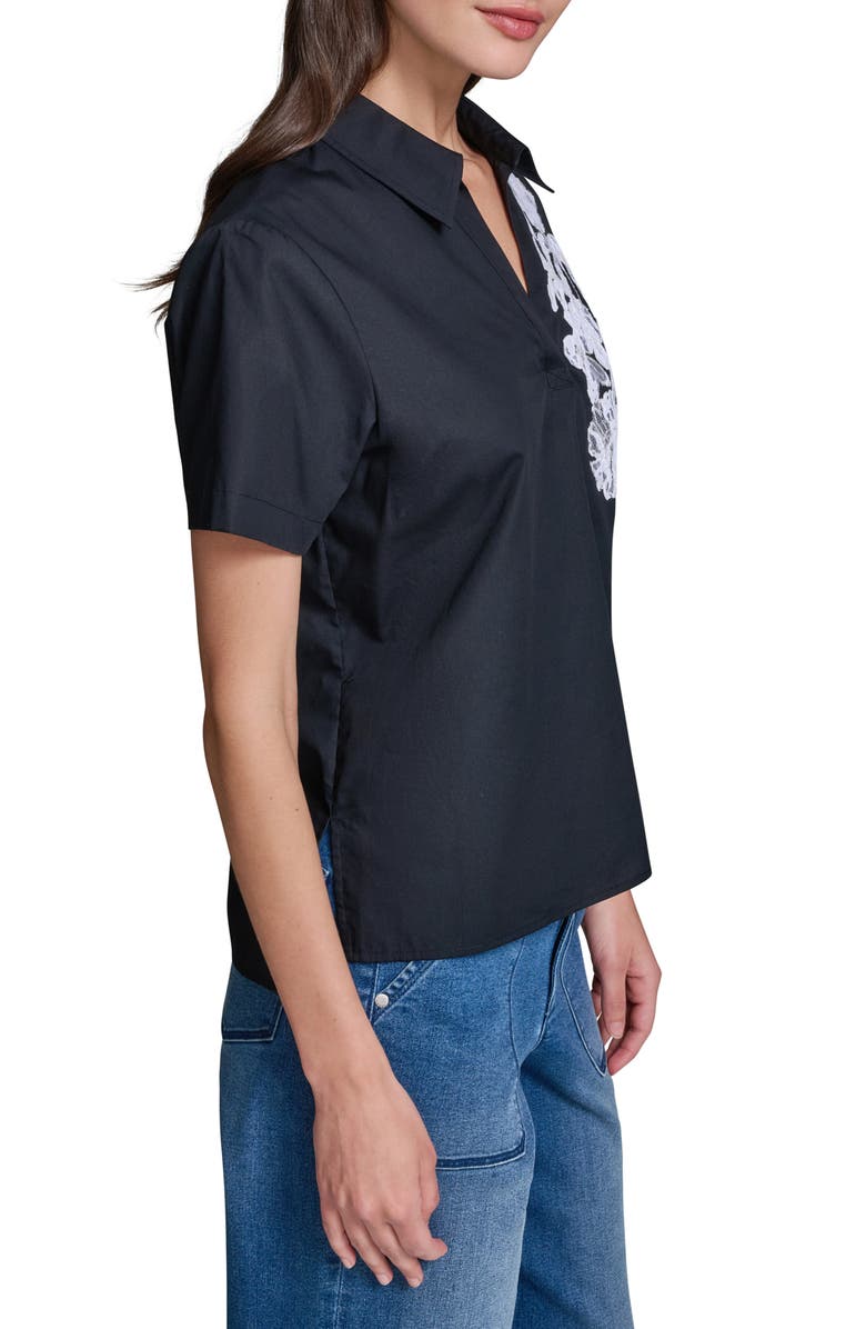 KARL LAGERFELD PARIS Lace Appliqué Woven Shirt, Alternate, color, Midnight Navy