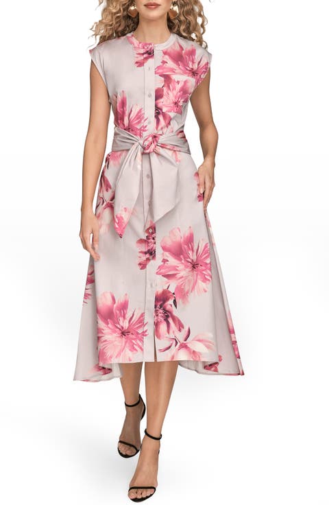 Floral Tie Front Cap Sleeve Stretch Cotton Shirtdress