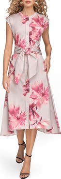 Donna Karan New York Floral Tie Front Cap Sleeve Stretch Cotton Shirtdress
