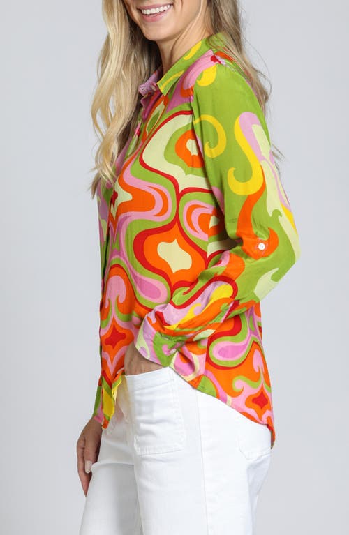 Apny Print Roll Tab Sleeve Button-up Shirt In Green Multi
