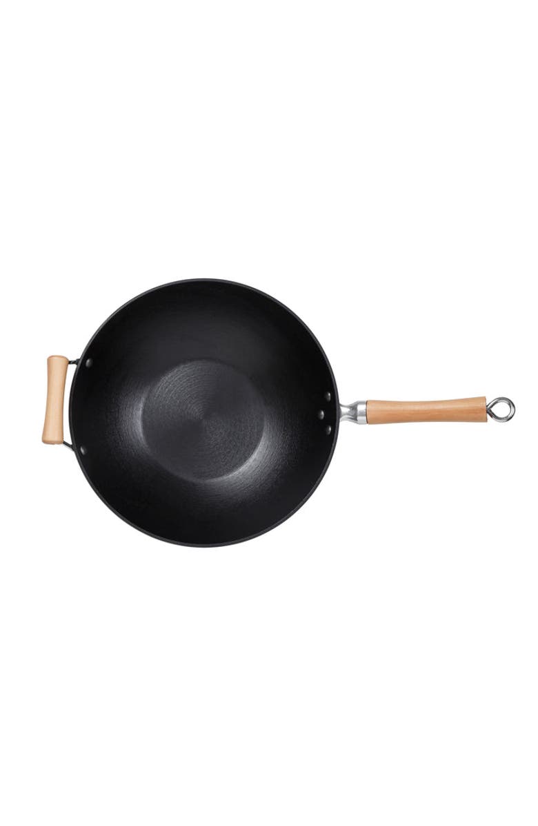 JOYCE CHEN Preseasoned Cast Iron Flat Bottom Wok with Maple Handle, 14-Inch, Alternate, color, Black