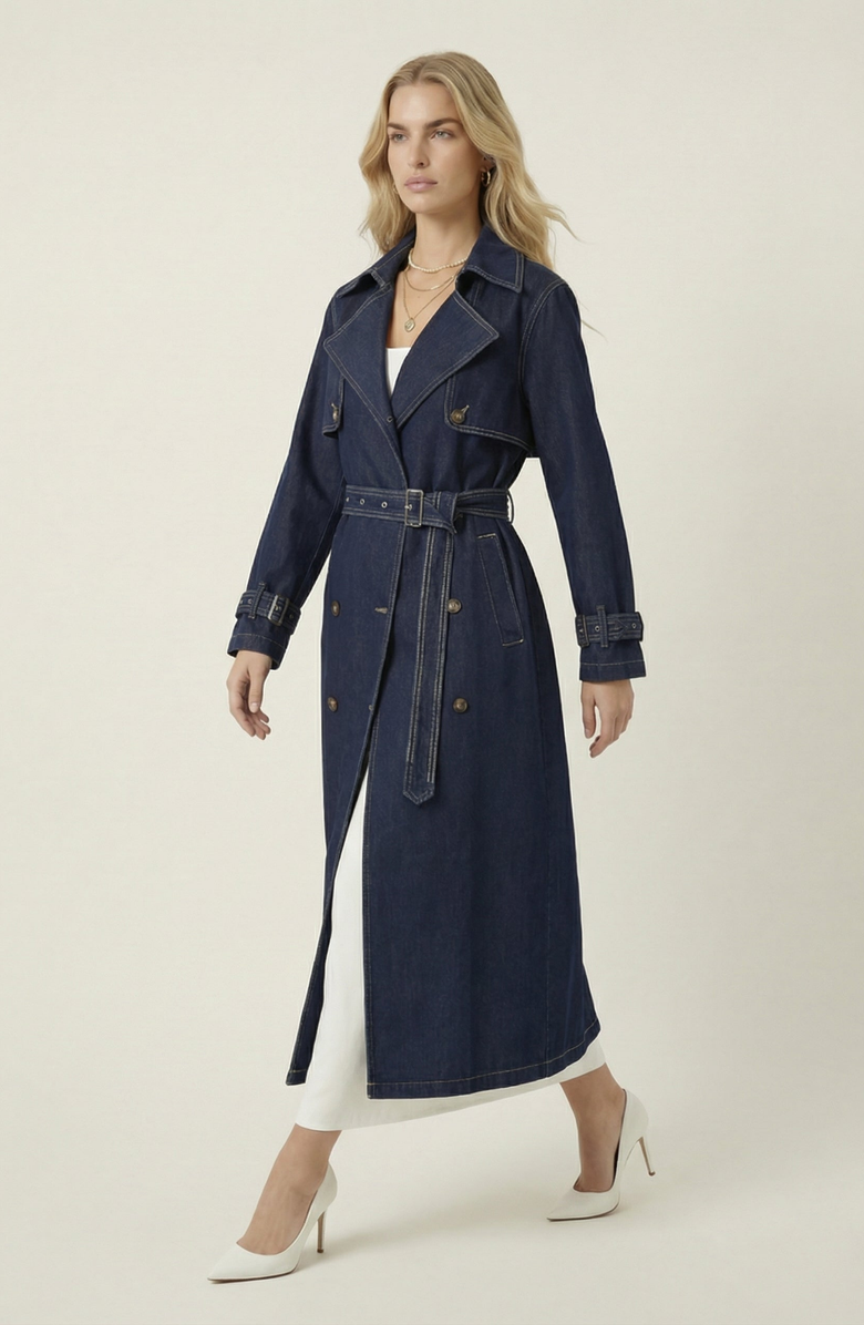 Modenaire Denim Trench Coat, Alternate, color, Dark Blue