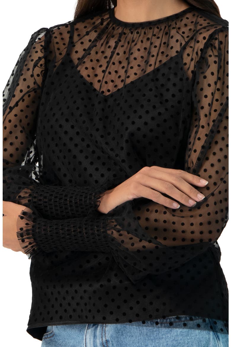 See- Though Polka Dot Smock Sleeve Blouse, Alternate, color, Black