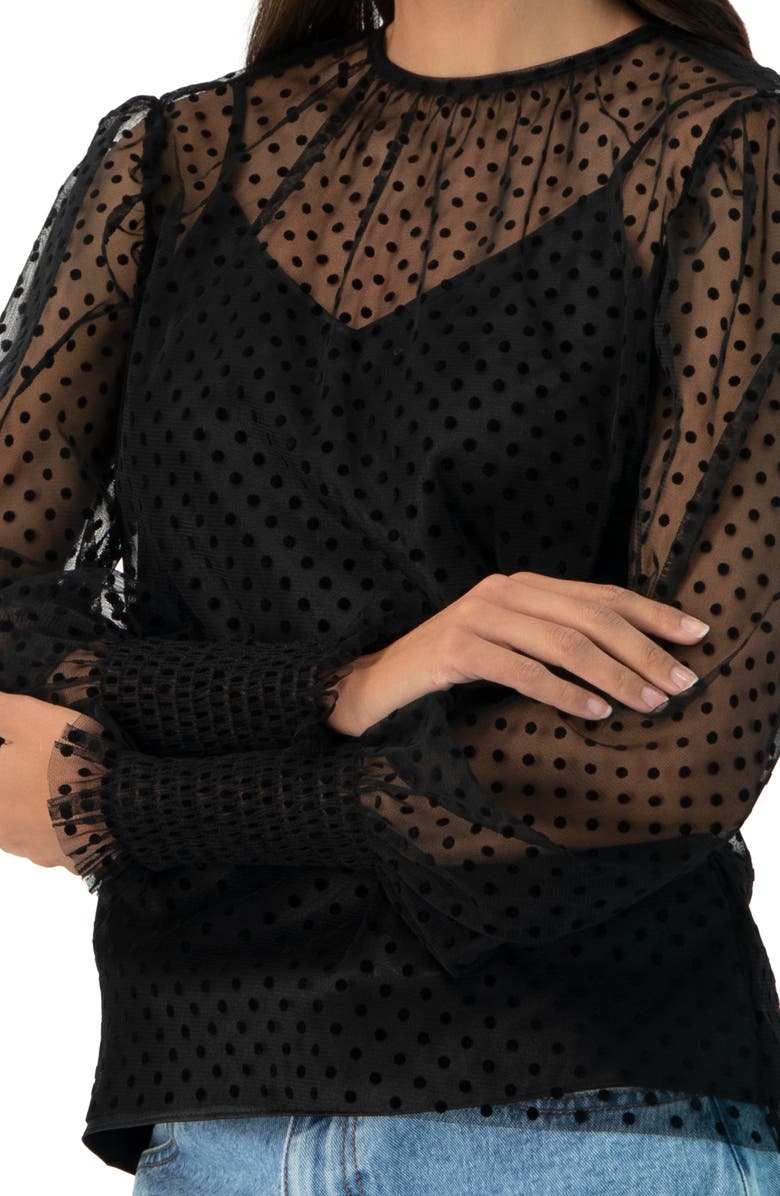 IVONNE See- Though Polka Dot Smock Sleeve Blouse, Alternate, color, Black