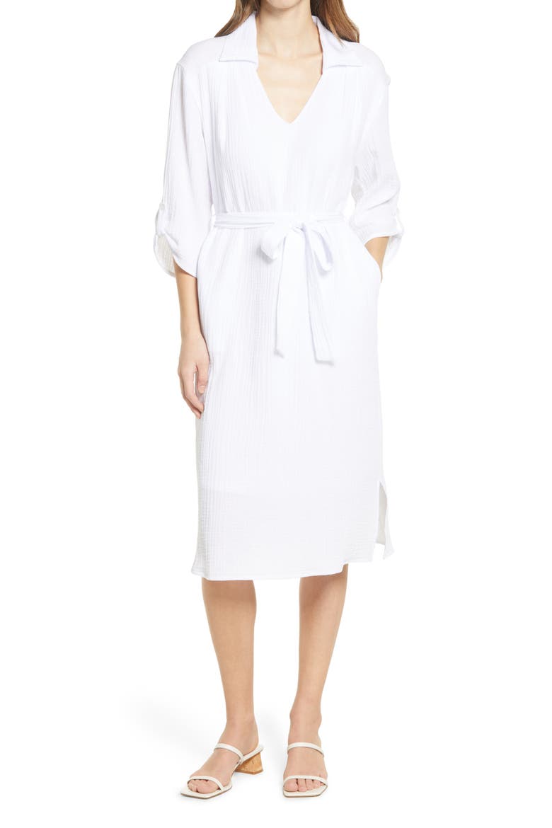 Textured Midi Shirtdress, Main, color, WHITE