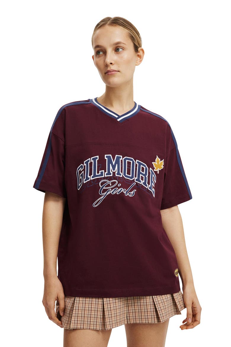 Women's Lcn V Neck Retro Graphic Boxy Tee, Main, color, Gilmore Girls  Deep