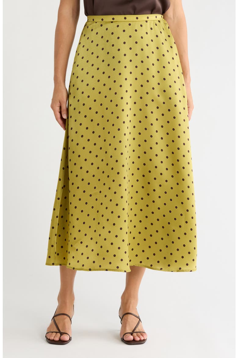 Printed Satin Midi Skirt, Main, color, PISTACHIO BROWN DOT
