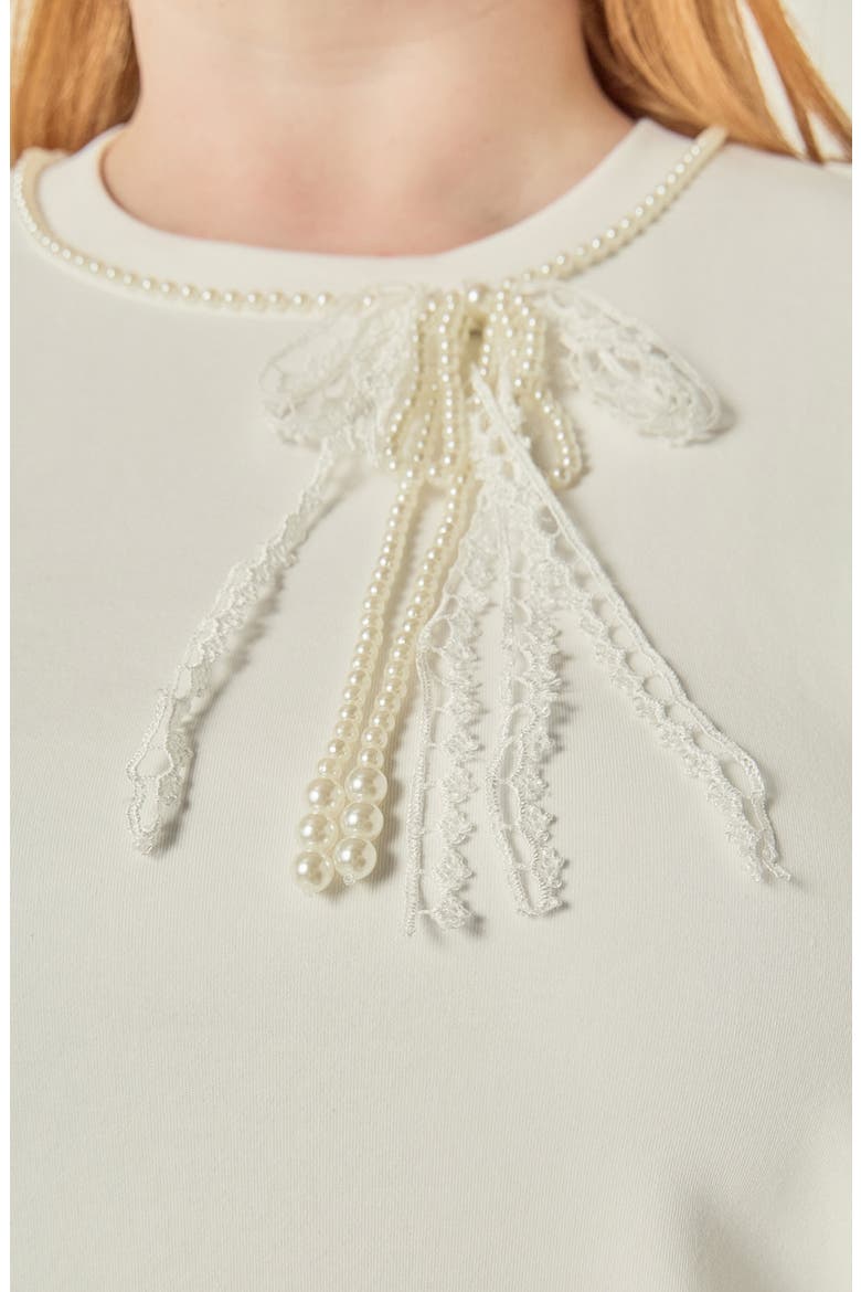 Pearly Bead Lace Bow Top, Alternate, color, WHITE
