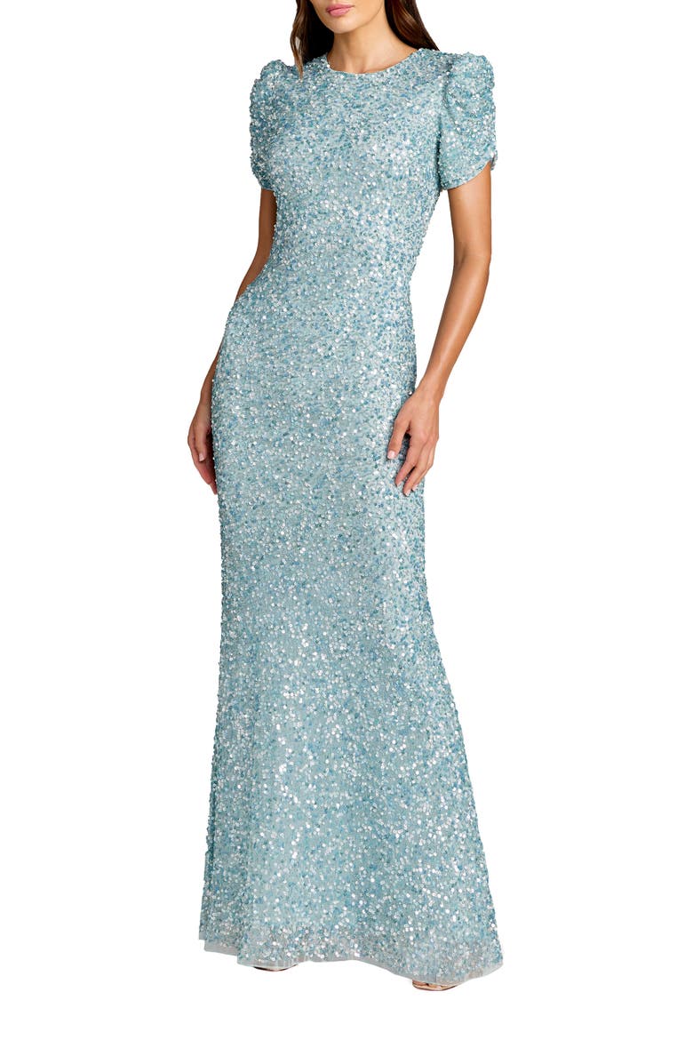 Women's Embellished Mesh High Neck Puff Sleeve Gown, Main, color, Powder Blue
