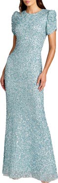 Mac Duggal Women's Embellished Mesh High Neck Puff Sleeve Gown