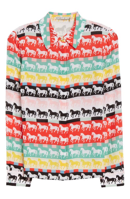 ALICE AND OLIVIA ALICE + OLIVIA WILLA HORSE PRINT LONG SLEEVE SILK BUTTON-UP SHIRT