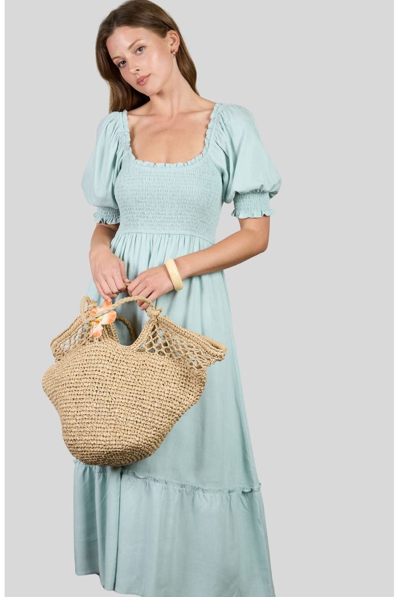 Smocked Puff Sleeve Midi Dress, Alternate, color, SAGE