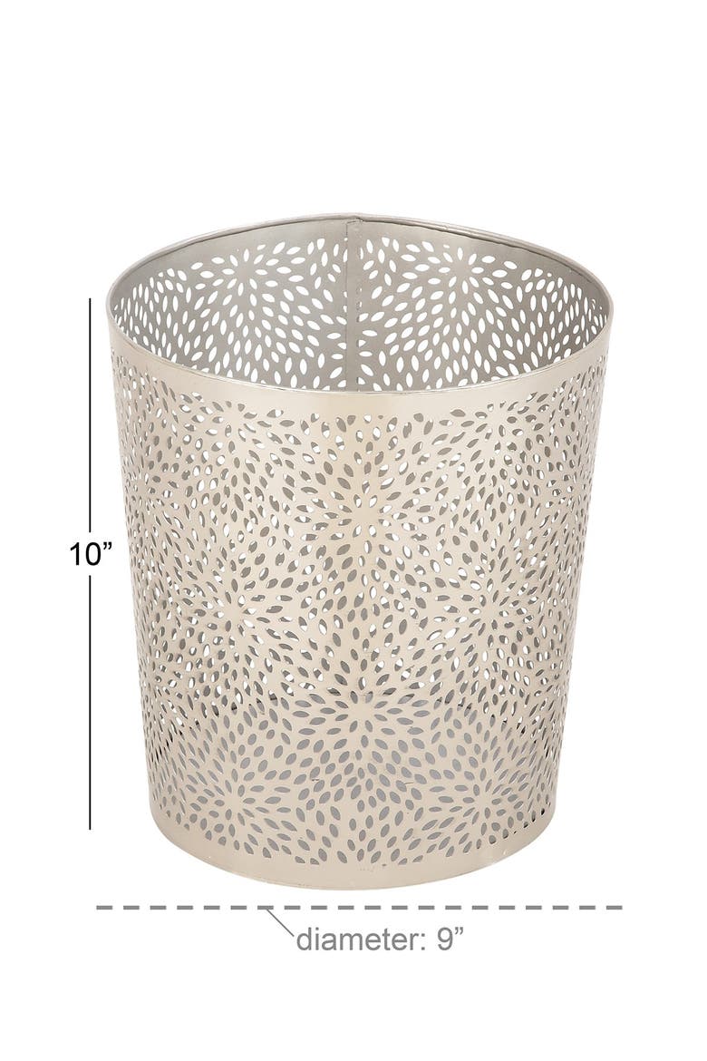 Silvertone Metal Glam Small Waste Bin with Laser Carved Floral Design, Alternate, color, SILVER