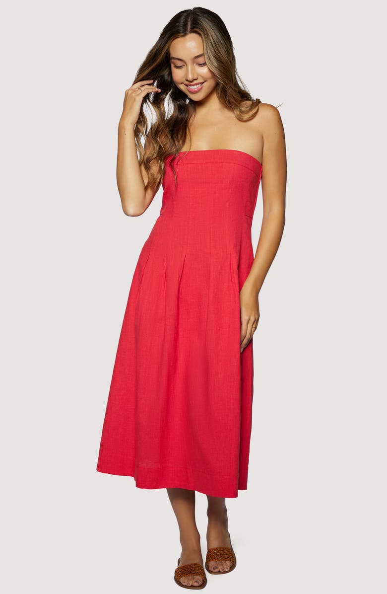 Lost + Wander Ruby Breeze Strapless Cotton & LInen Midi Dress, Alternate, color, Red