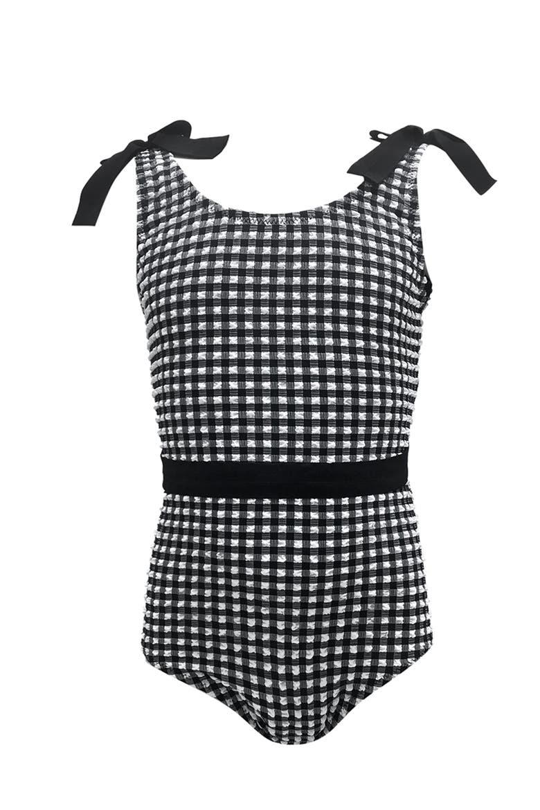 Checkered Tie-Shoulder Belted One-Piece Swimsuit, Toddler, Little Kid & Big Kid, Main, color, Black