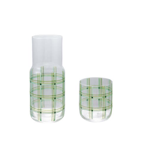 Glass Carafe with Drinking Glass and Grid Pattern, Green