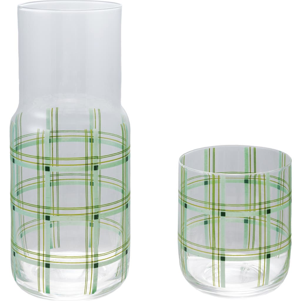 Storied Home Glass Carafe With Drinking Glass And Grid Pattern, Green