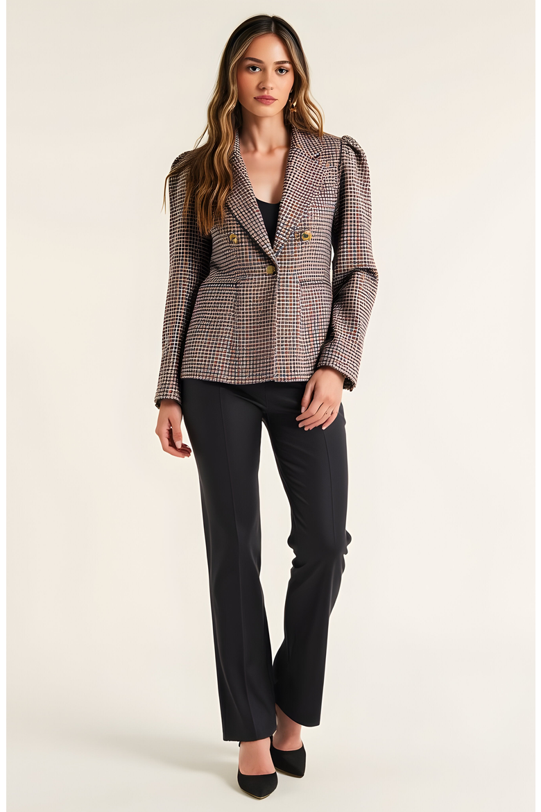 Houndstooth Blazer with Puff Shoulders, Notch Lapels and Single Button, Alternate, color, Brown/Beige Houndstooth