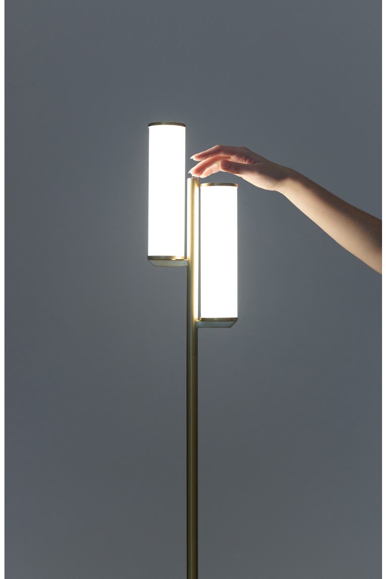 Gemini 64" Industrial LED Standing Floor Lamp with Glass Cylinder Shades, 3-Way Dimming, Alternate, color, BRASS