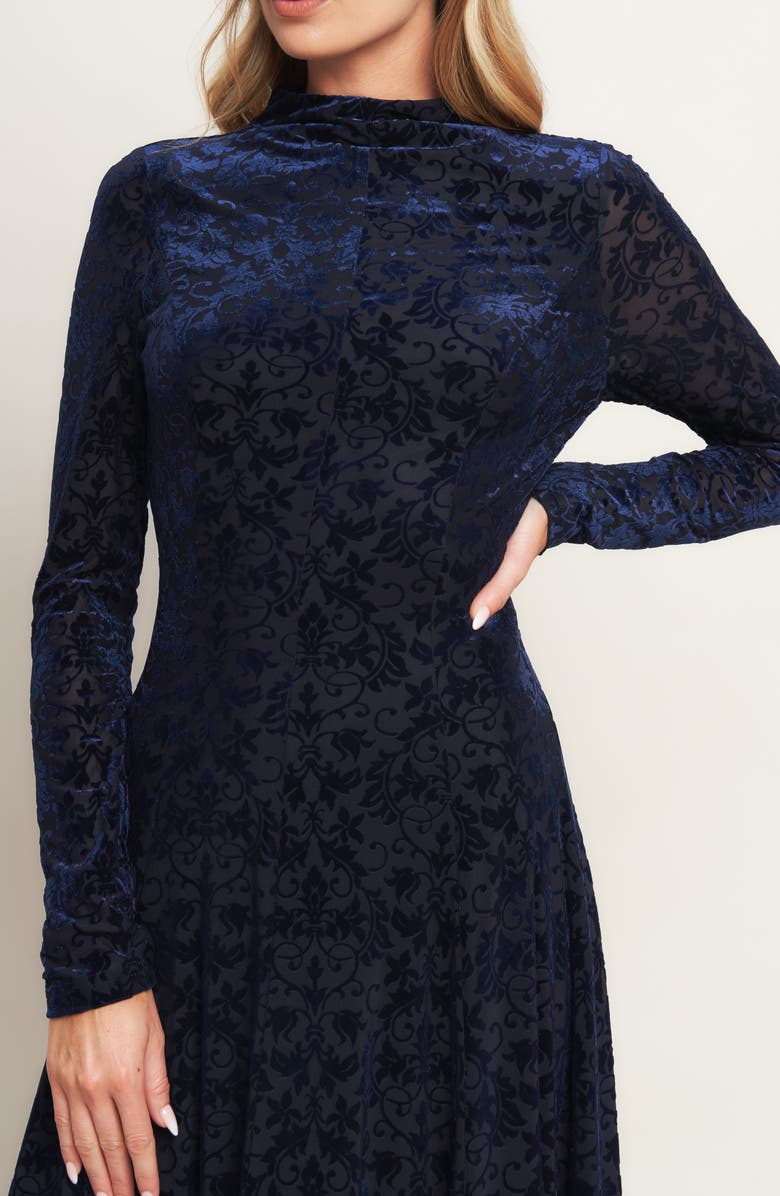 FLYING TOMATO Floral Burnout Long Sleeve A-Line Dress, Alternate, color, Navy