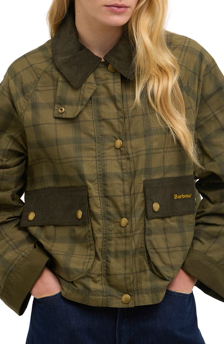 Barbour Beadnell Tartan Waxed Cotton Crop Jacket, Main, color, Dusky Green Tartan/ Highland