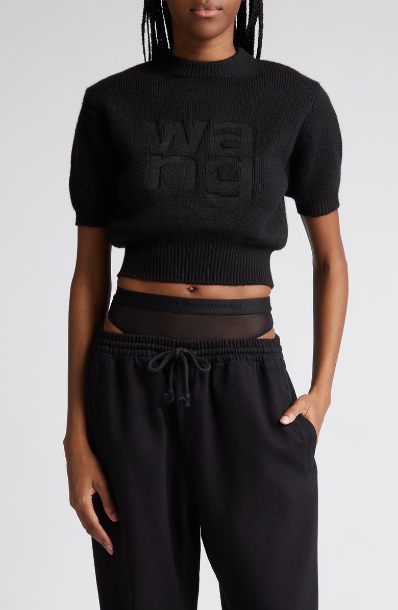 Alexander Wang Embossed Logo Short Sleeve Crop Sweater | Nordstrom