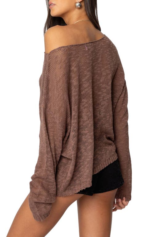 Edikted Bri One-shoulder Open Stitch Sweater In Brown