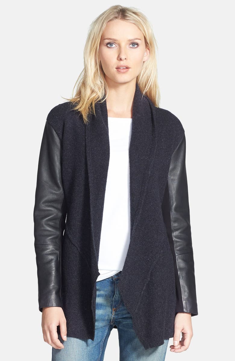 Eileen Fisher Leather Sleeve Merino Lambswool Jacket, Alternate, color,