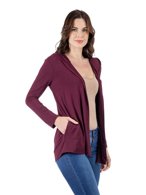 24seven Comfort Apparel Open Front Lightweight Hooded Cardigan In Burgundy