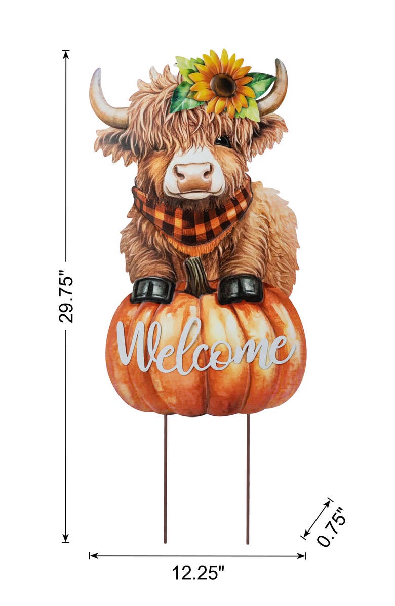 Glitzhome Fall Metal Highland Cow Yard Stake Wall Decor, Alternate, color, Orange