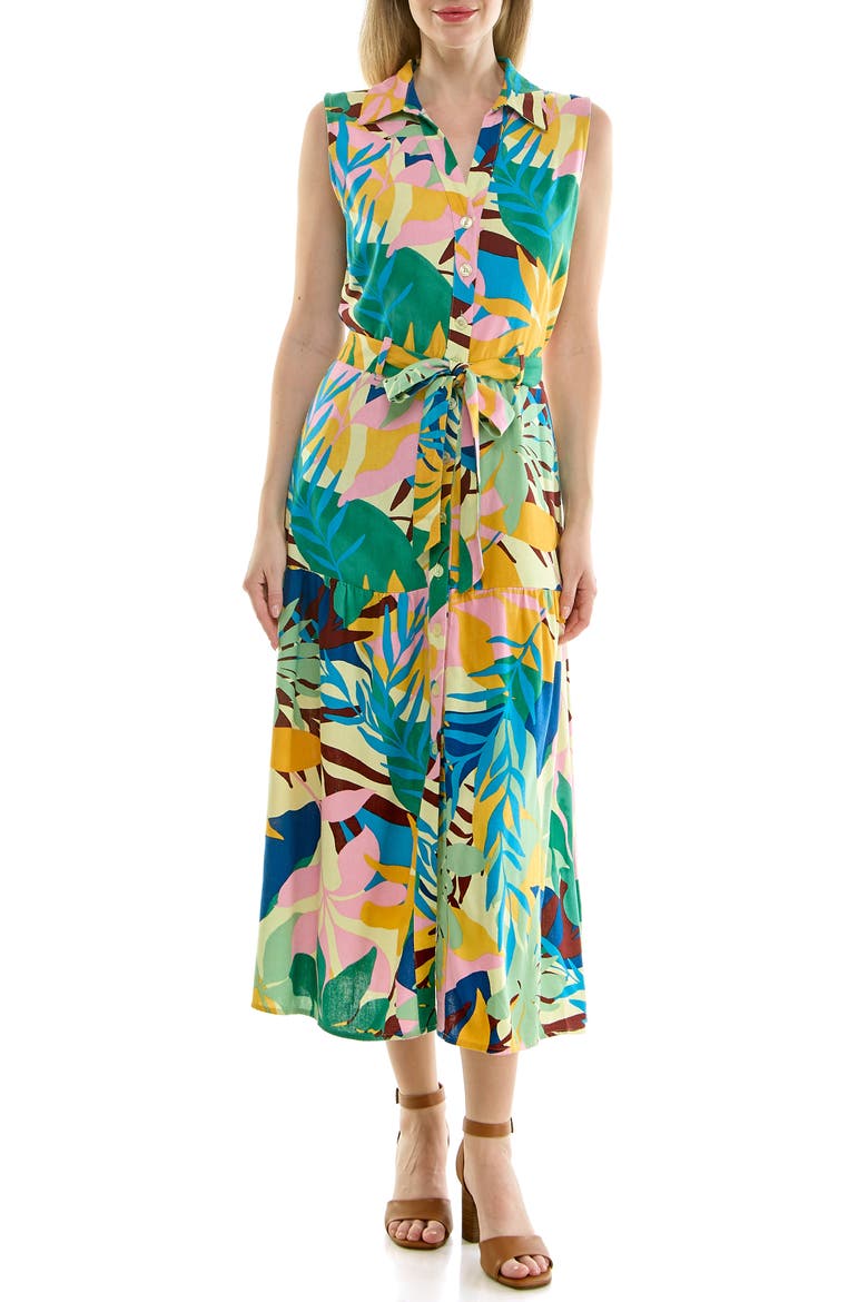 Sleeveless Belted Midi Shirtdress, Main, color, ABSTRACT BOTANICAL GREEN